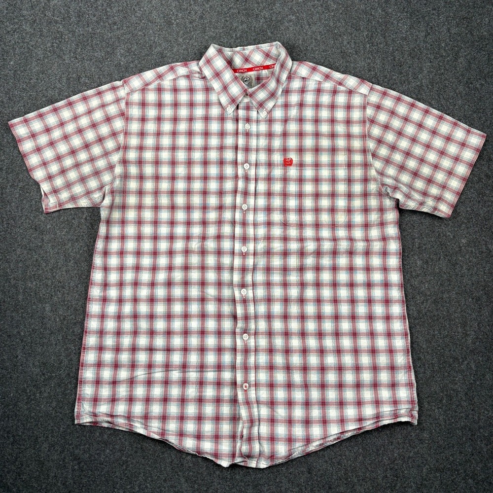 Cinch Mens Medium Short Sleeve Button Down Western Plaid Shirt Red White Blue